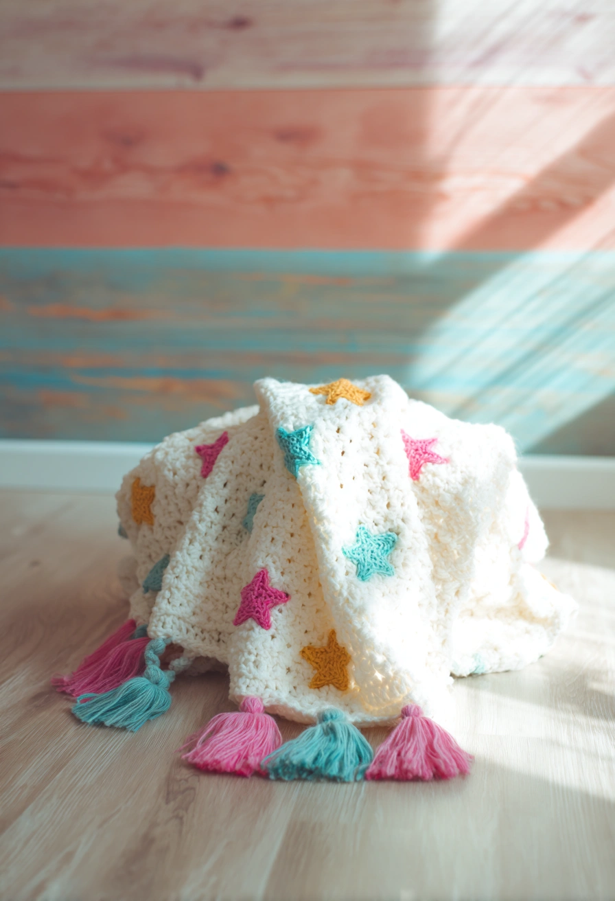 This dreamy photo of a cozy blanket with colorful crochet stars and tassels is the perfect inspiration for some heartwarming handmade creations. Here are amazing sewing and yarn-crafting ideas to try based on this look:
