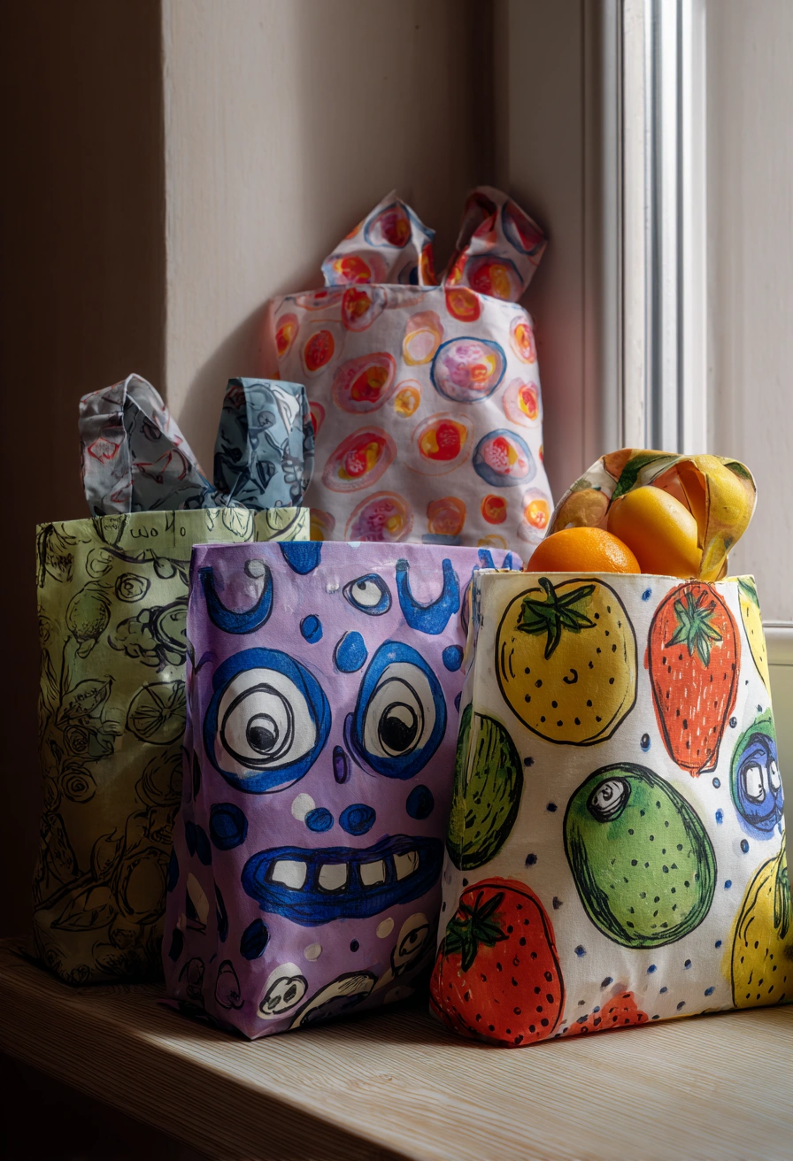 This fun and colorful collection of reusable fabric tote bags is full of personality—and perfect for creative sewing projects! Here are amazing sewing ideas to try inspired by this image: