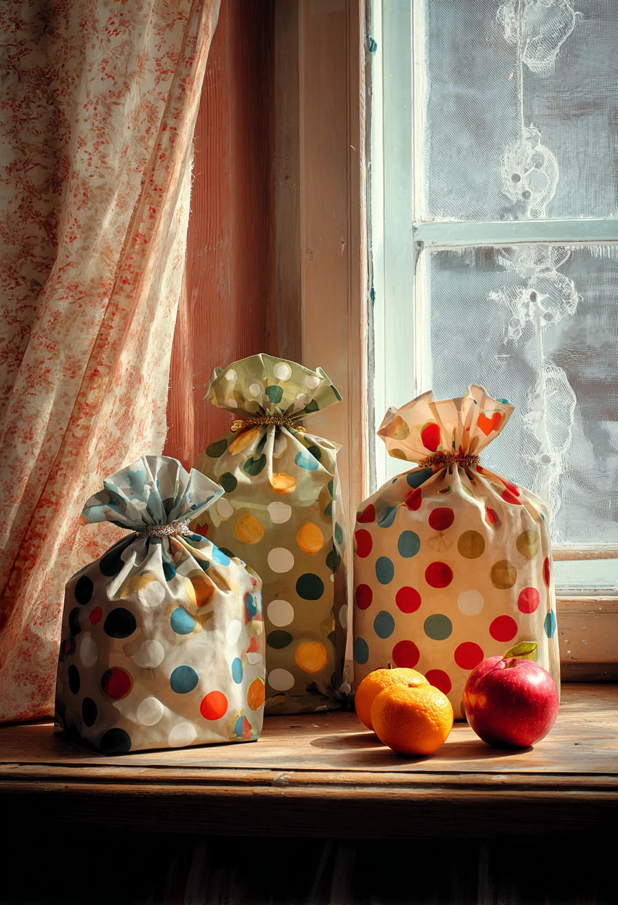 This lovely image of polka-dotted fabric gift bags sitting on a windowsill is bursting with charm and practical inspiration! Here are some amazing sewing ideas to try based on it: