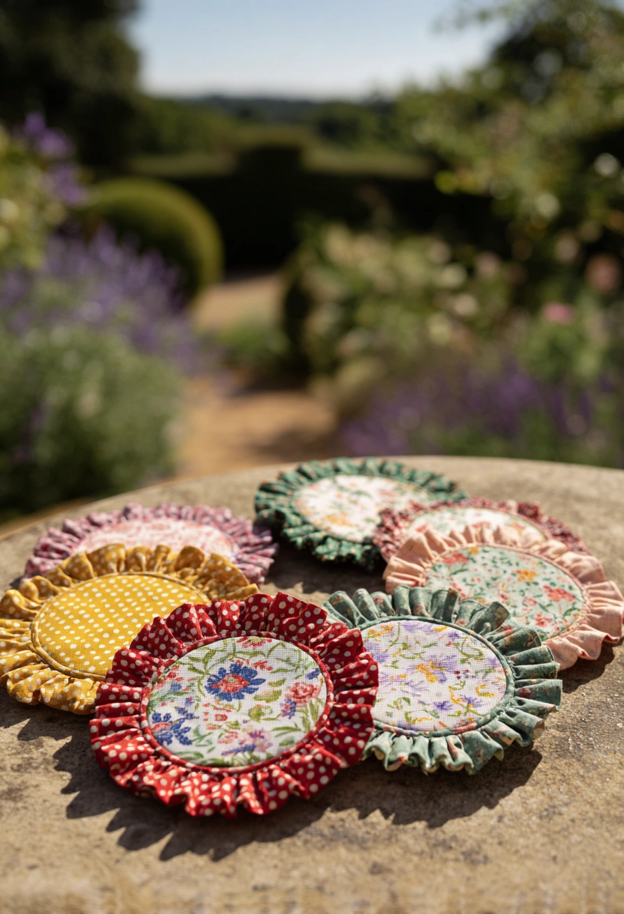 This image of frilly, floral fabric coasters is full of cottagecore charm and offers several amazing sewing ideas to try: