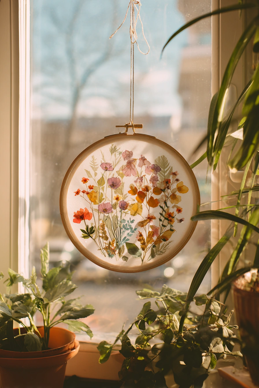 Pressed Flower Art in a Sunlit Frame