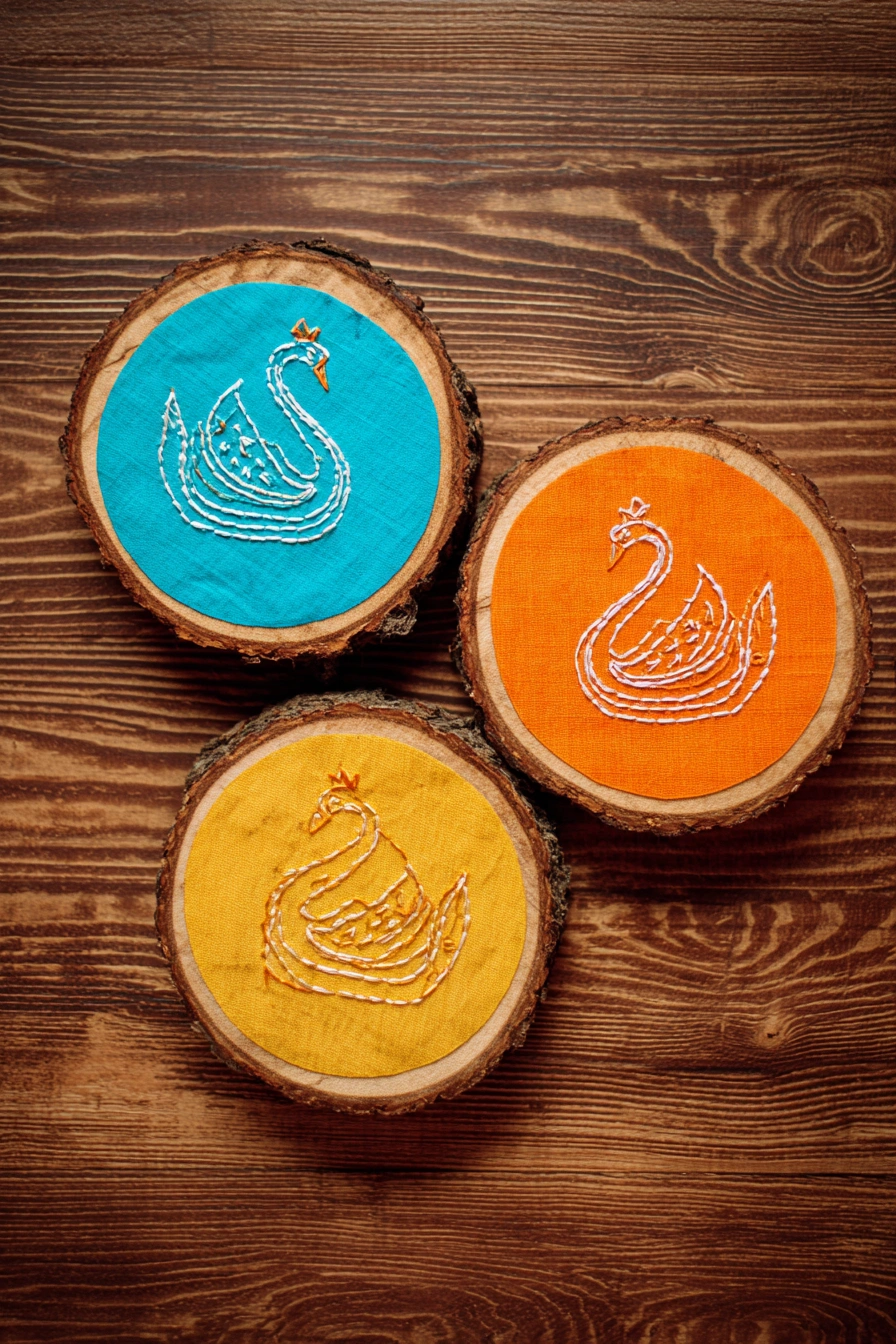 Regal Swan Embroidery on Wood Slices