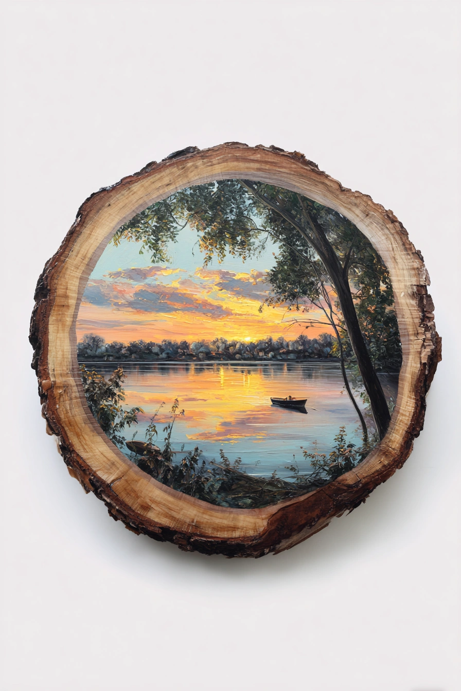Tranquil Lake Sunset on Wood Slice