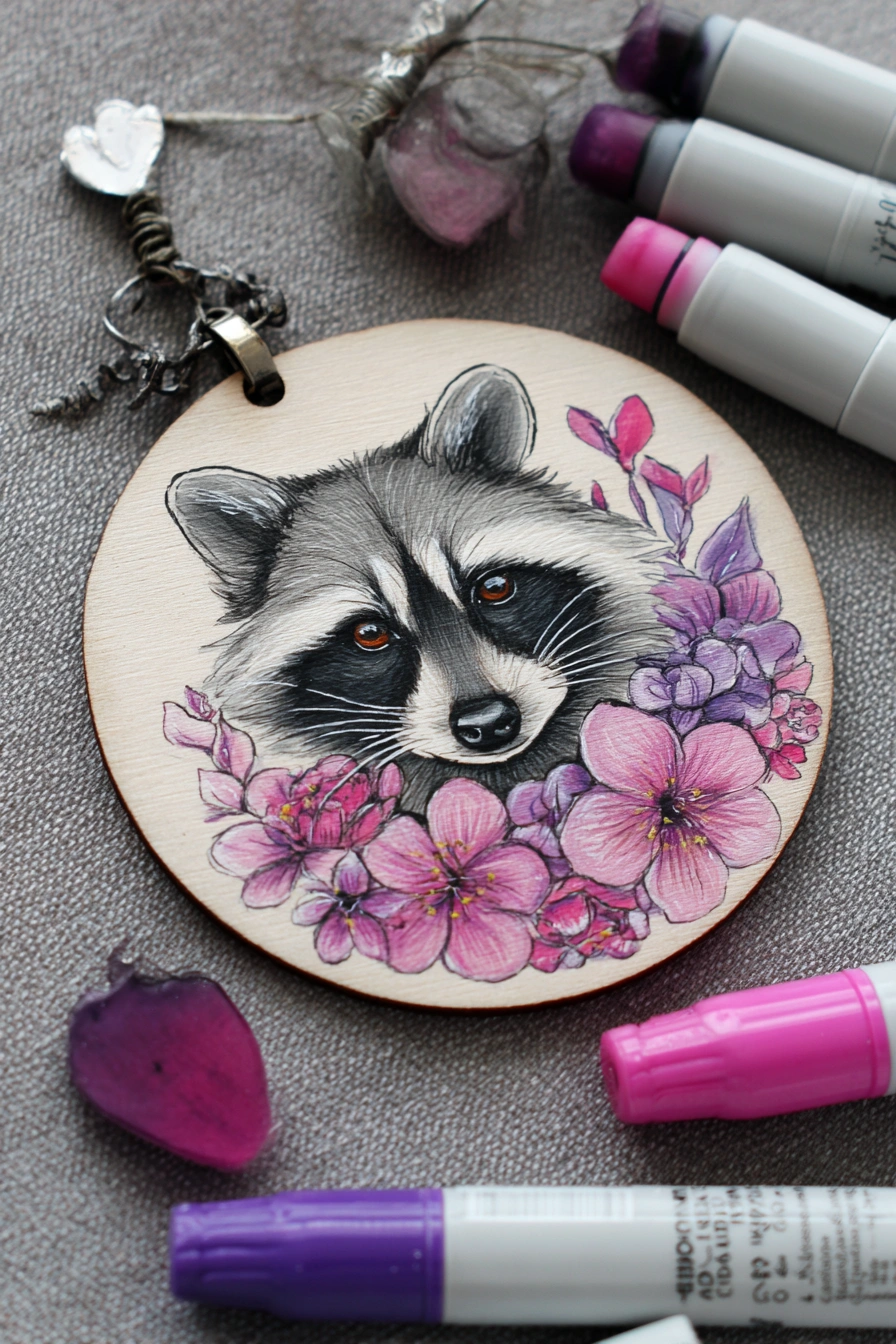 Realistic Raccoon with Floral Charm