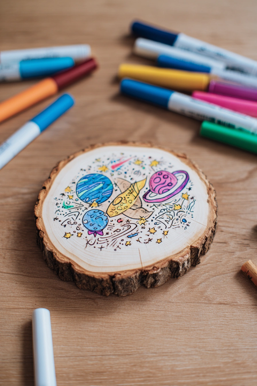 Colorful Galaxy Doodle on Wood