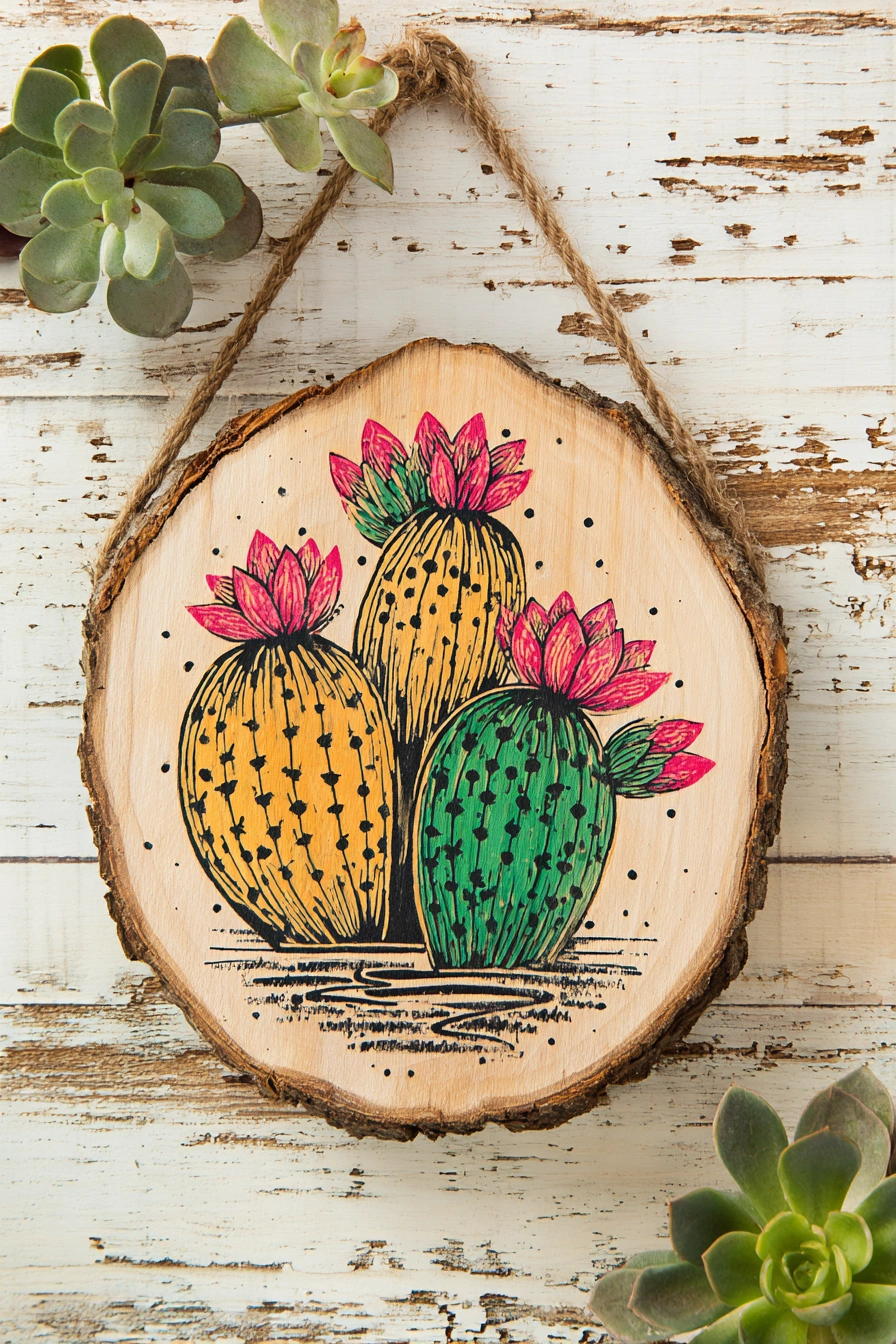 Bold Cactus Art on Natural Wood