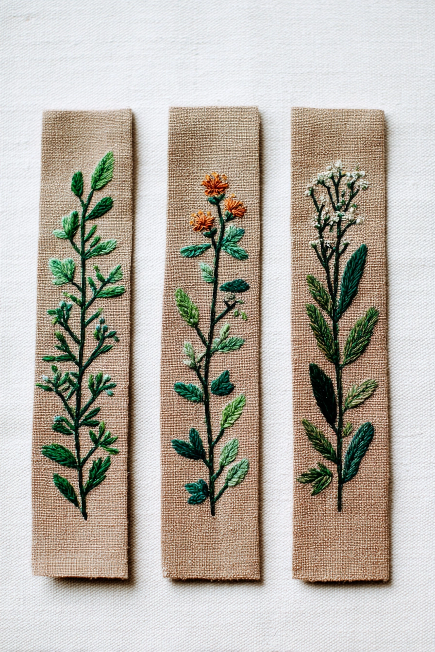 Hand-Embroidered Botanical Linen Bookmarks