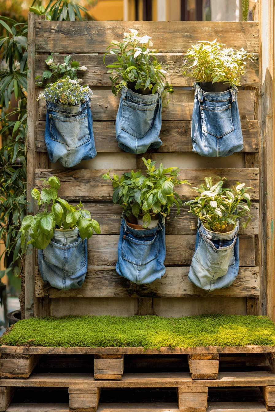 Denim Planter Wall with Rustic Charm