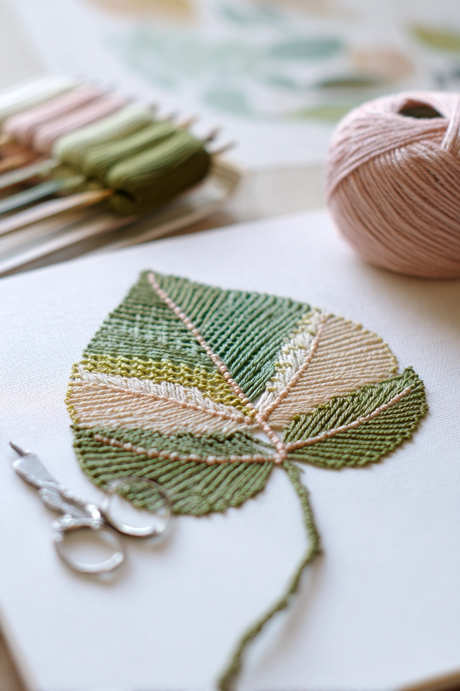Stitched Leaf Art in Soft Tones