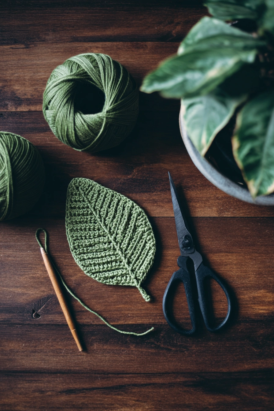 Minimalist Green Crochet Leaf Detail