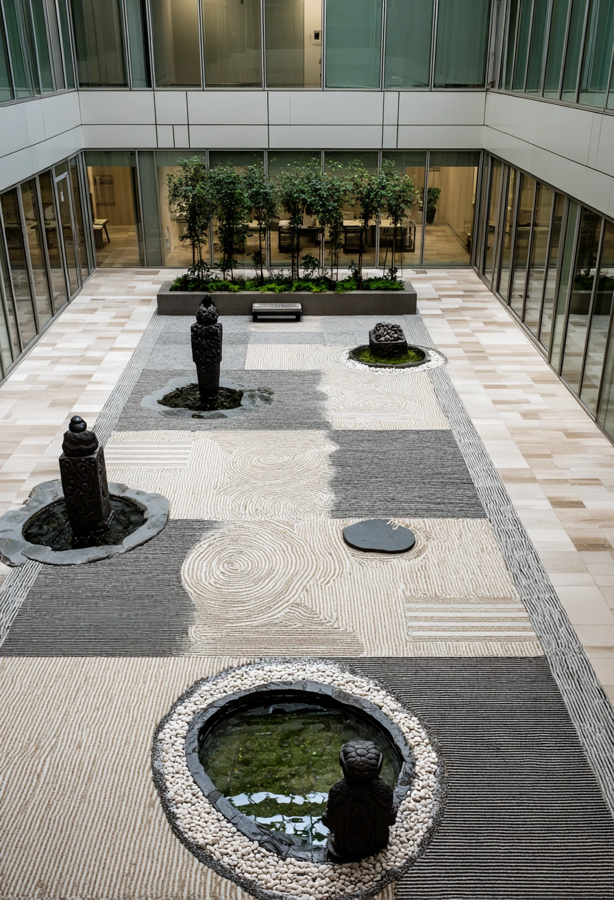 Geometric Zen Garden with Sculptural Fountains