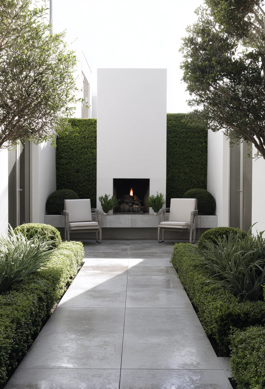 Sleek Courtyard with Outdoor Fireplace