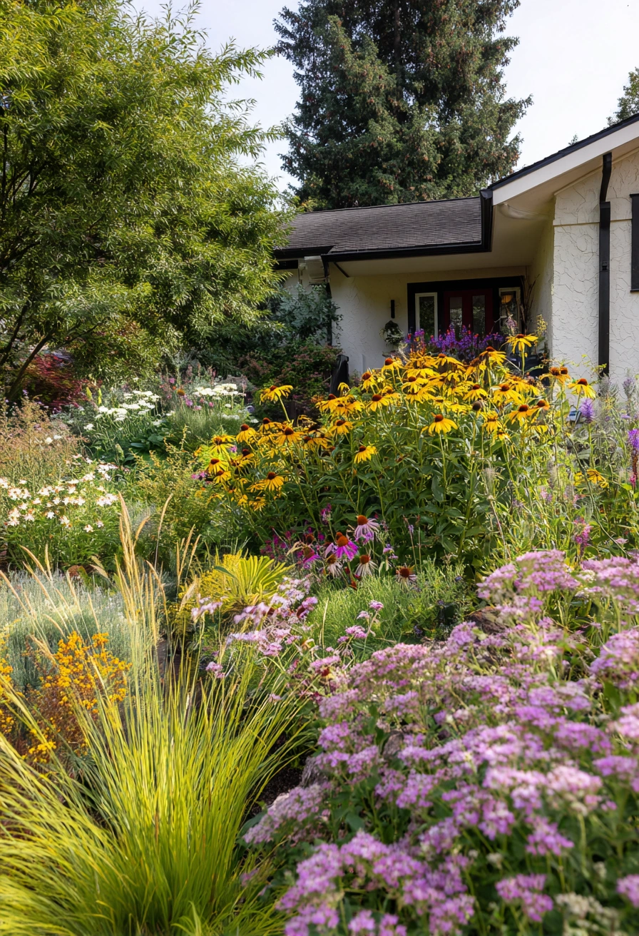 Lush Pollinator Garden with Layered Blooms