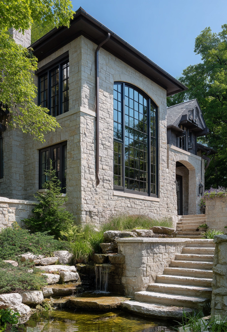 Elegant Stone Entry with Cascading Water Feature