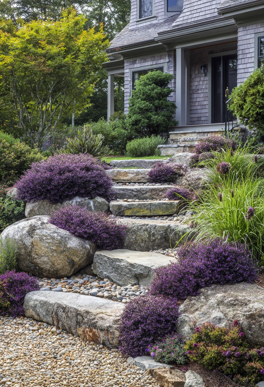 Rustic Stone Steps with Lush Lavender Accents