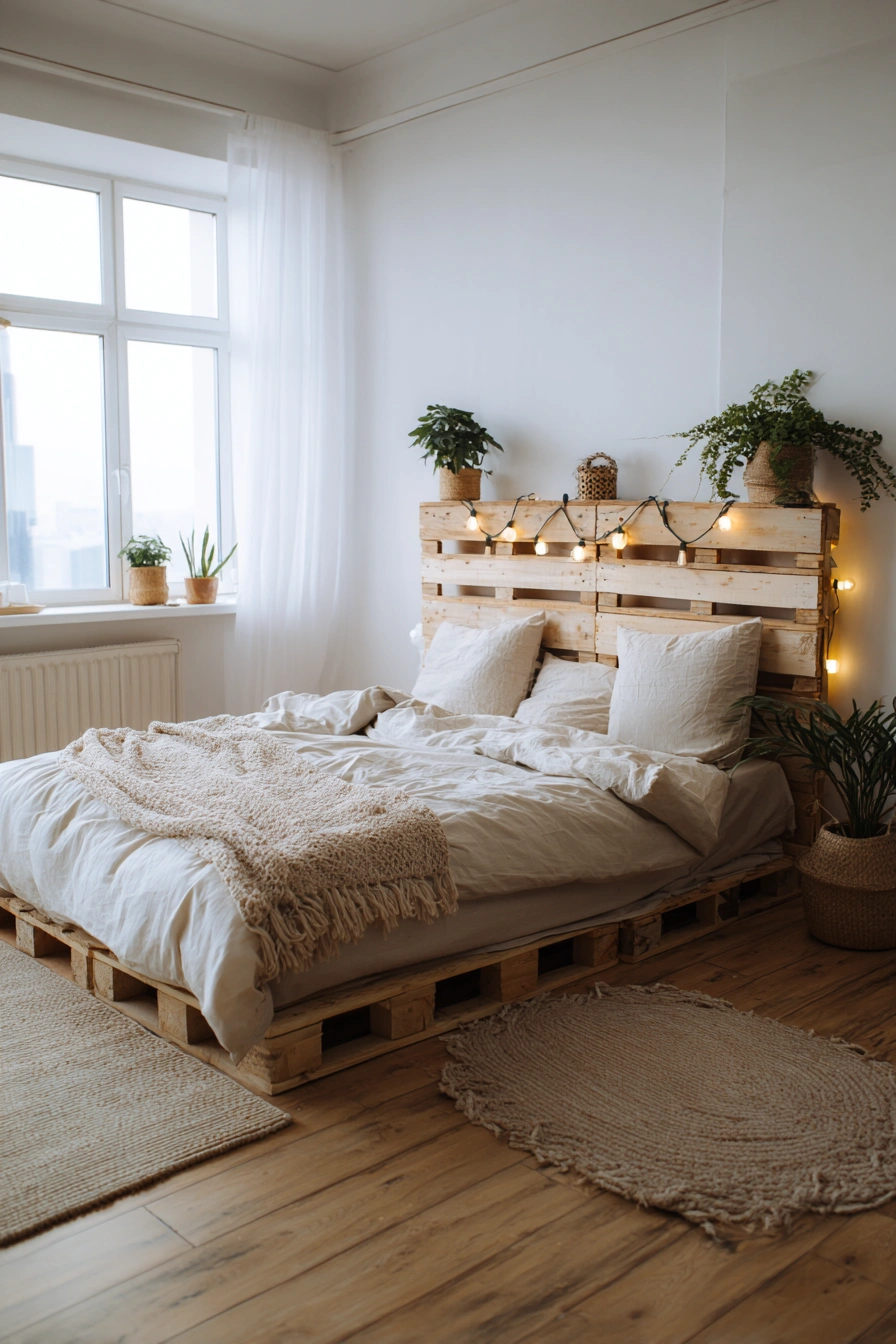 Minimalist Pallet Headboard with Cozy Lights
