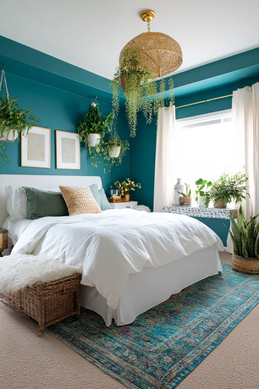 Boho Teal Bedroom with Lush Greenery