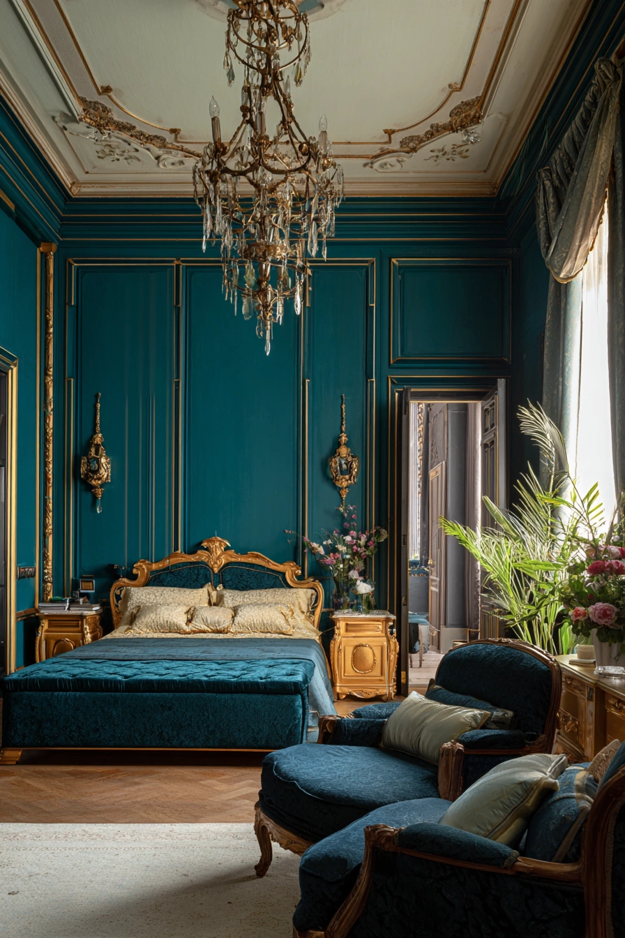 Opulent Teal Bedroom with Regal Glam