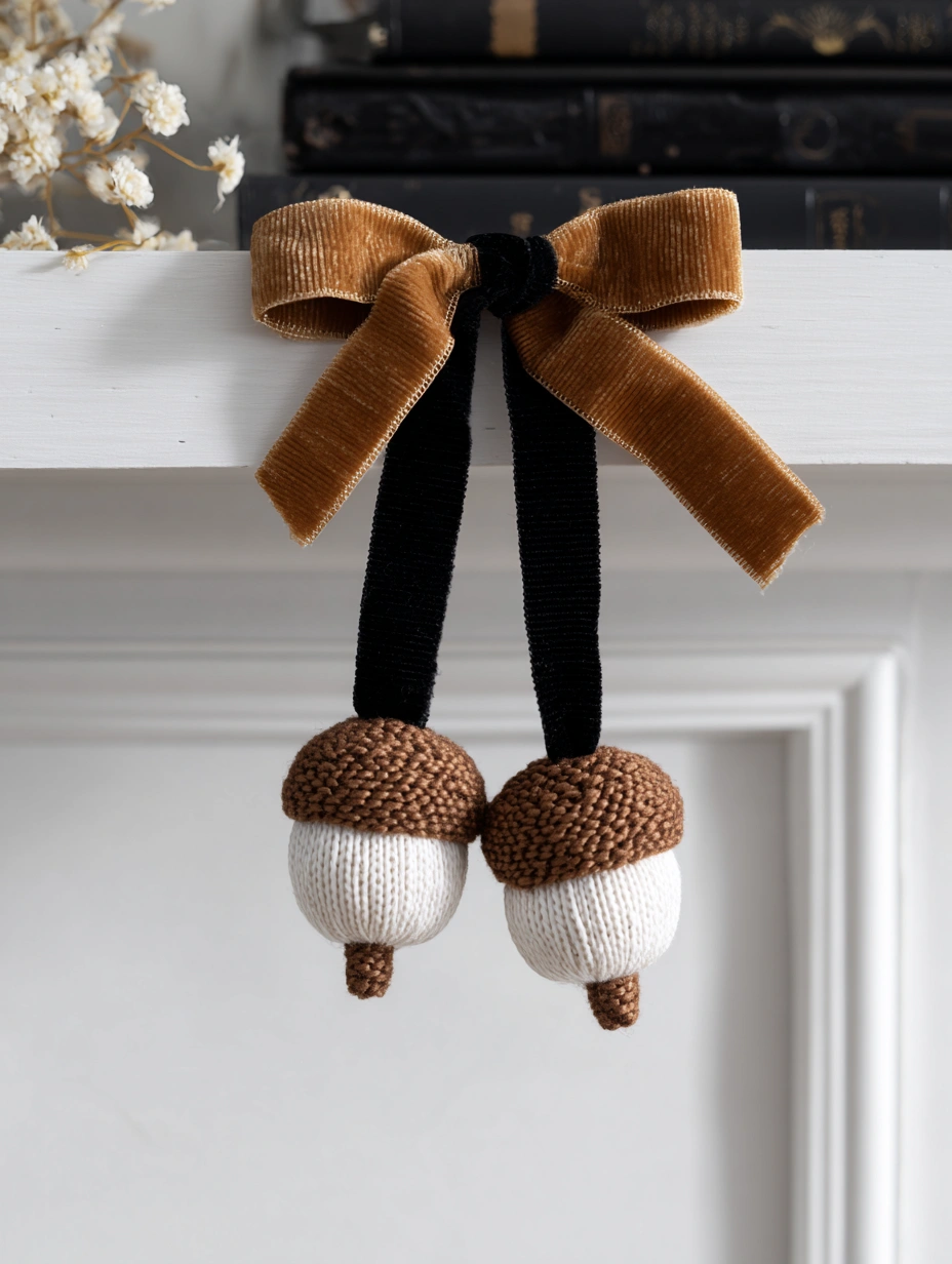 Cozy Velvet Bow with Knitted Acorns