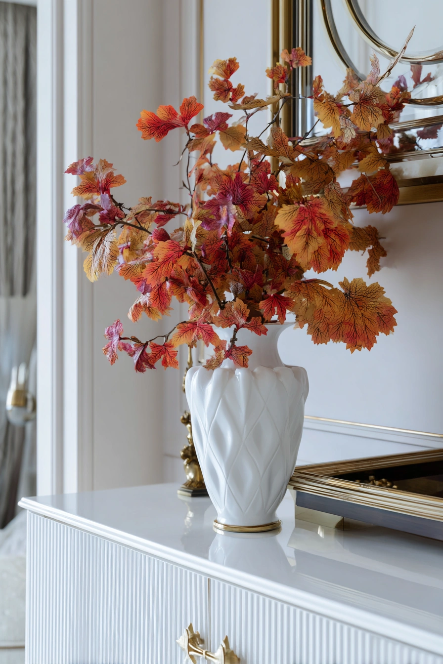 Autumn Leaves in Elegant White Vase
