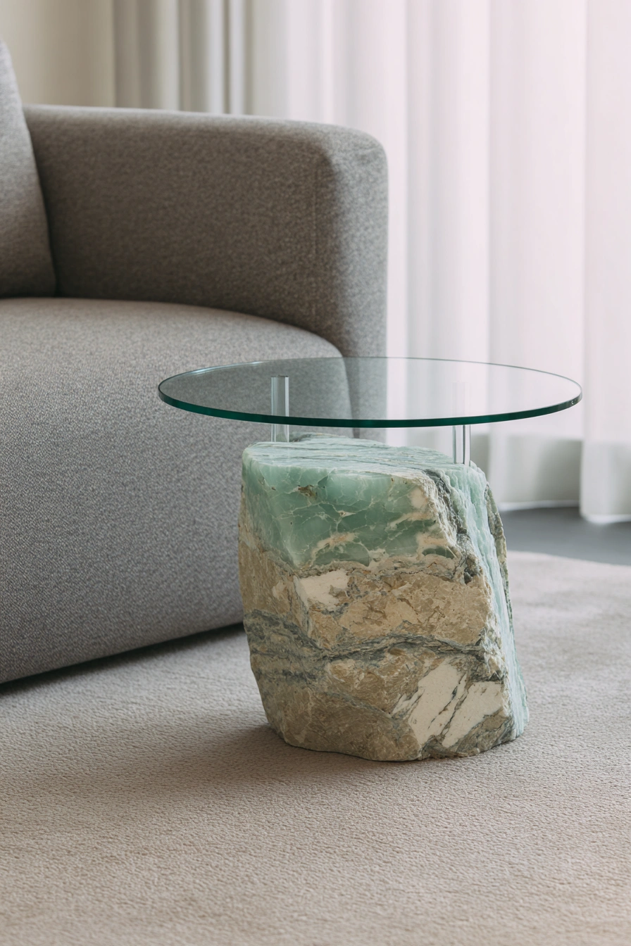 Raw Stone & Glass Table with Sculptural Appeal