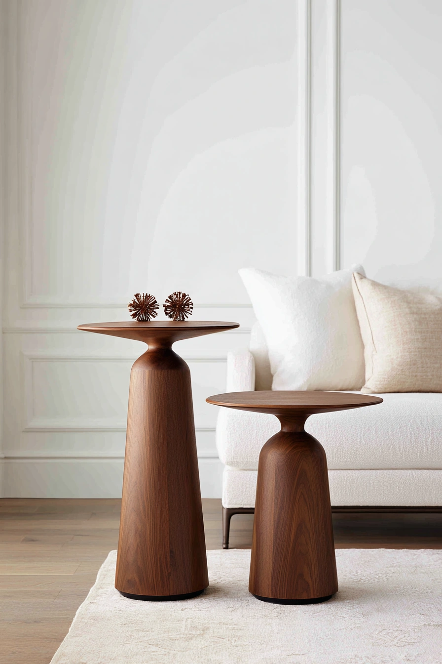 Sculpted Wood Pedestal Tables with Hidden Storage