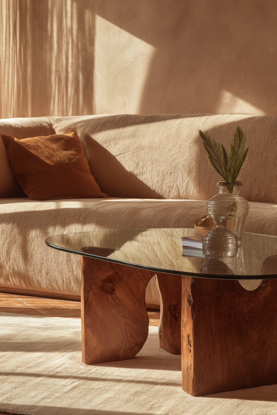 Sculptural Wood & Glass Table with Organic Storage