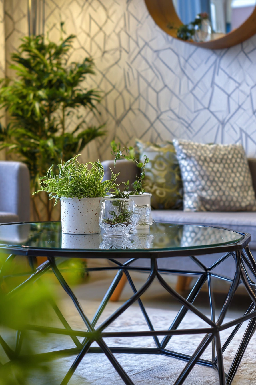 Geometric Glass Table with Artistic Storage