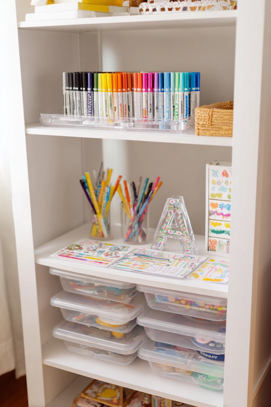 Organized Craft Shelf with a Pop of Color