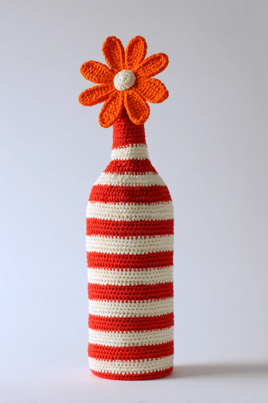 Striped Crochet Bottle Cozy with Flower Top