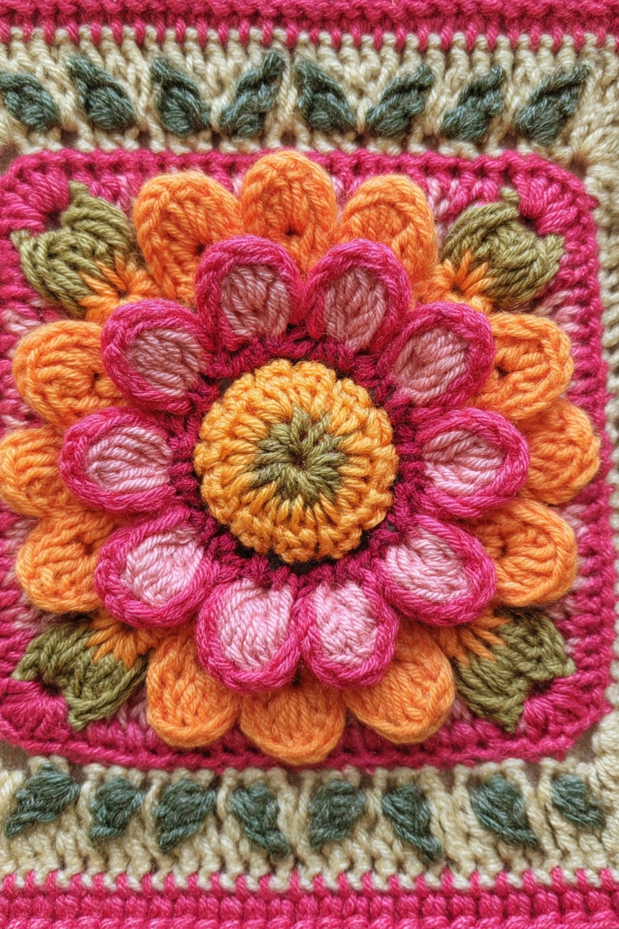 Vibrant 3D Flower Crochet Square