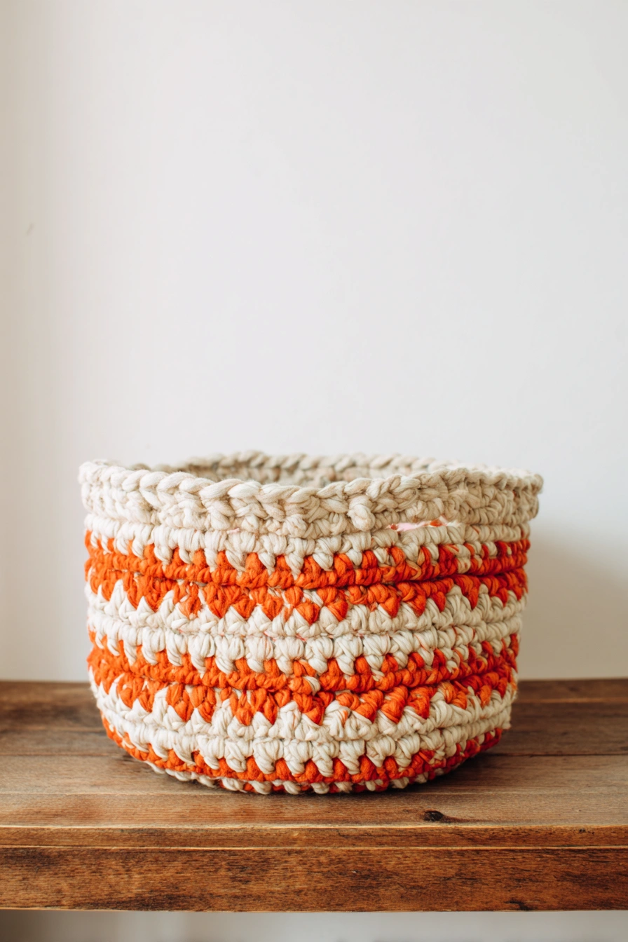 Rustic Striped Crochet Storage Basket