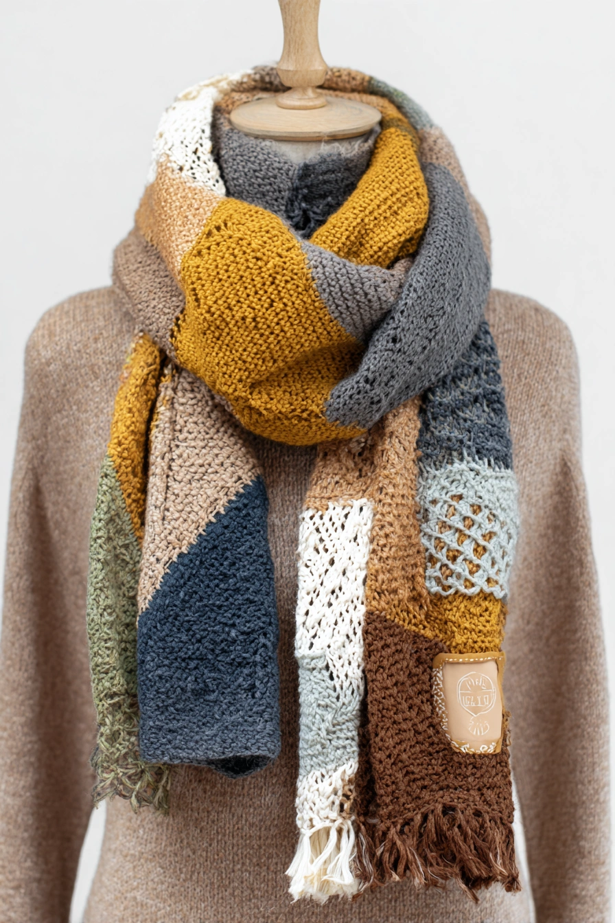 Patchwork Crochet Scarf in Earthy Tones