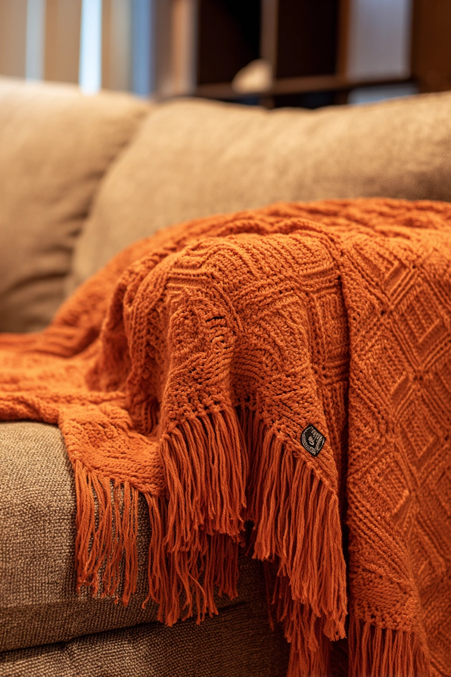Rustic Burnt Orange Fringe Throw