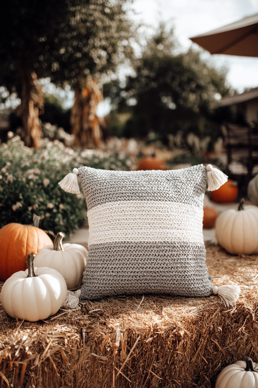 Striped Crochet Pillow with Tassels