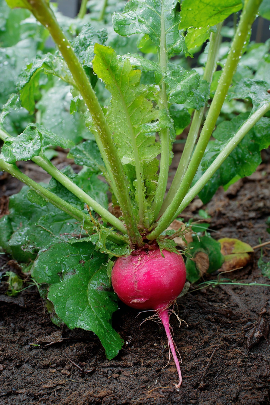 Crisp Radish in Rain-Kissed Soil