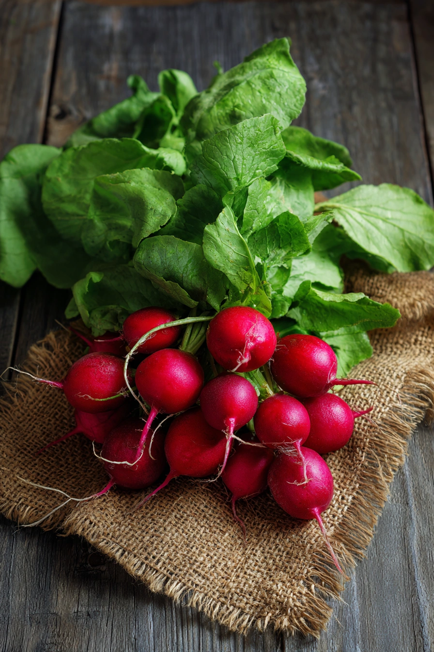 Bright Red Radishes with Lush Tops