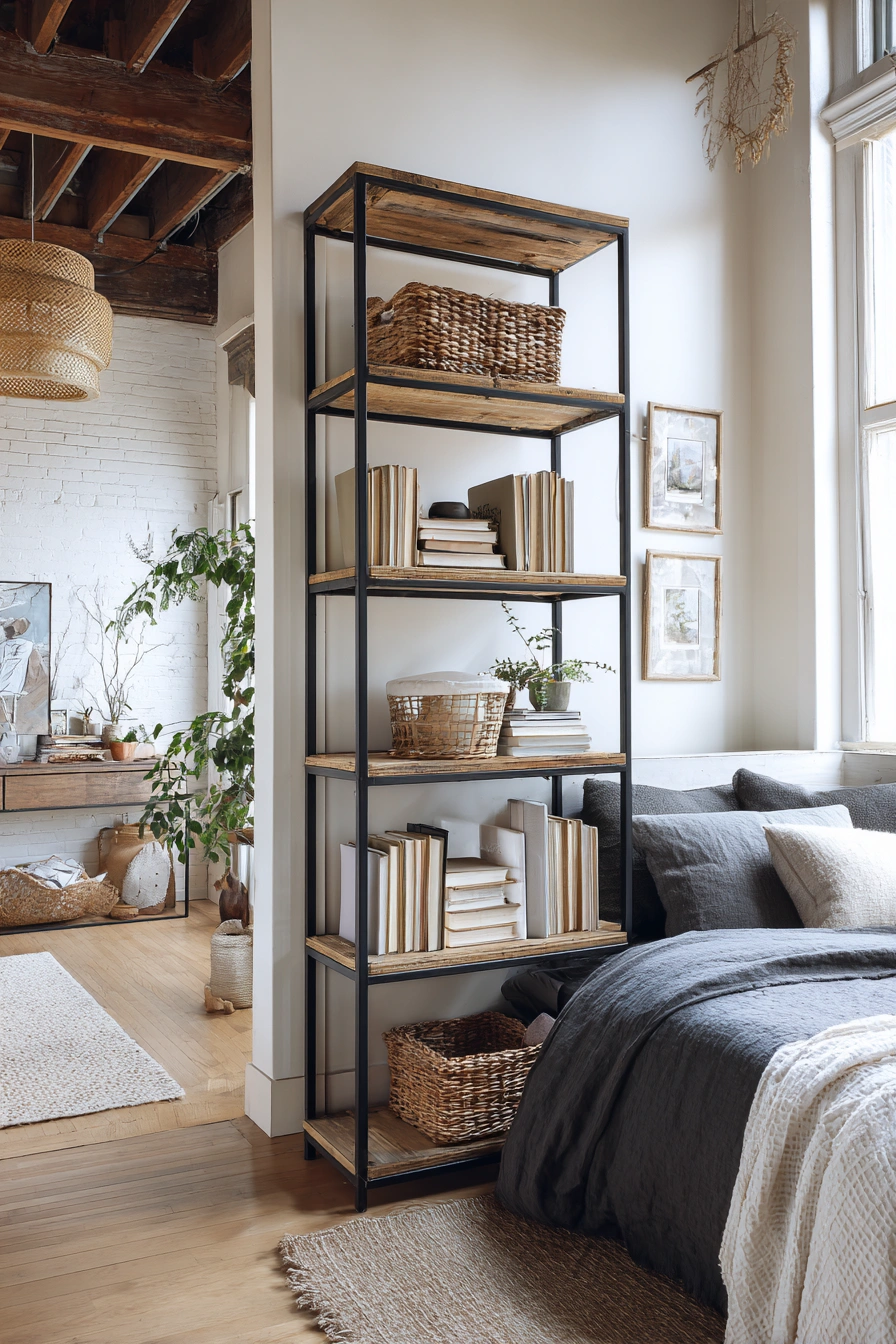 Industrial Shelf Styling with Rustic Warmth
