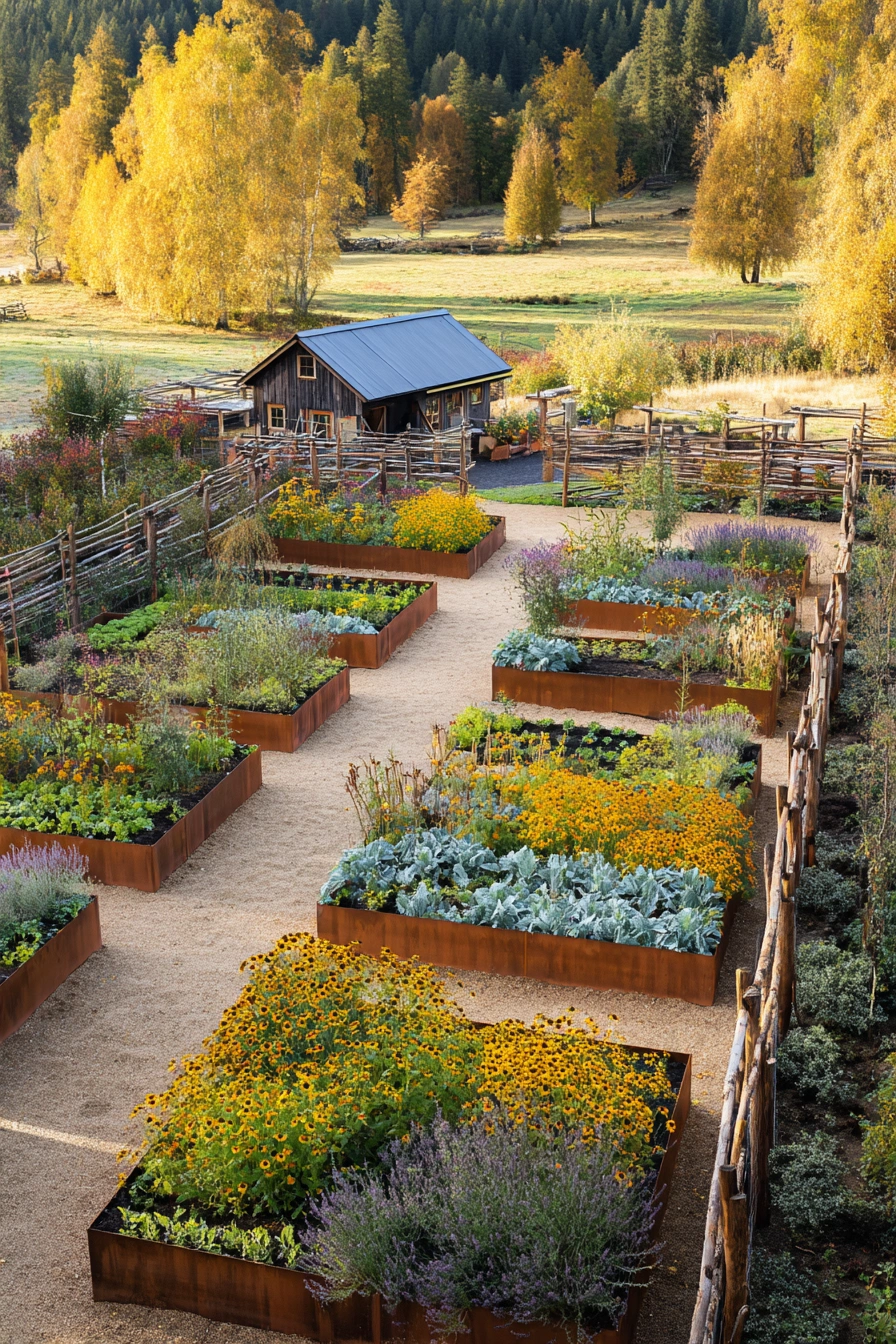 Modern Rustic Garden with Steel Raised Beds