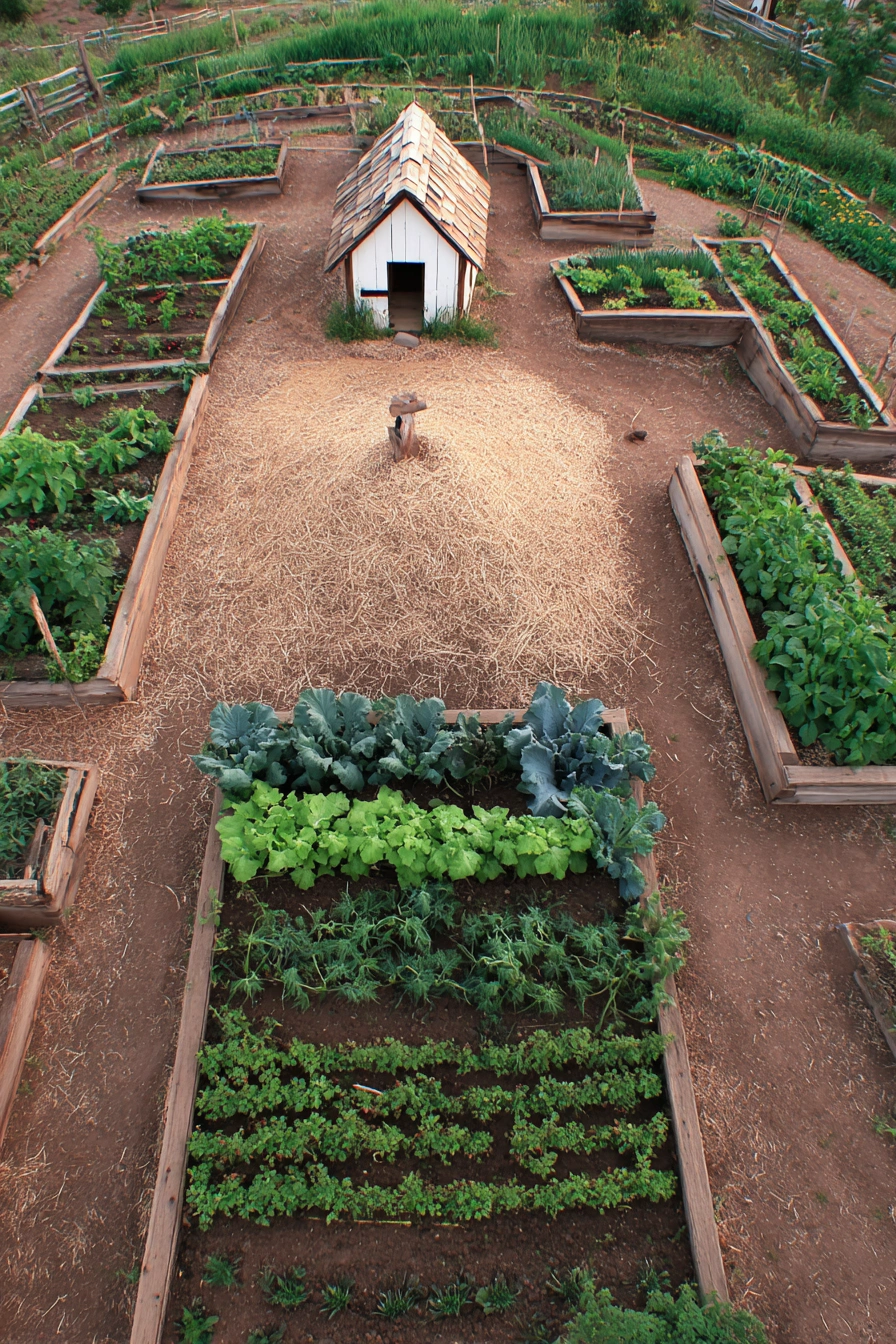 Rustic Raised Bed Garden with Central Shed