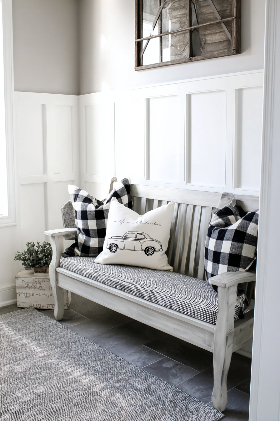 Farmhouse Bench with Buffalo Check Style