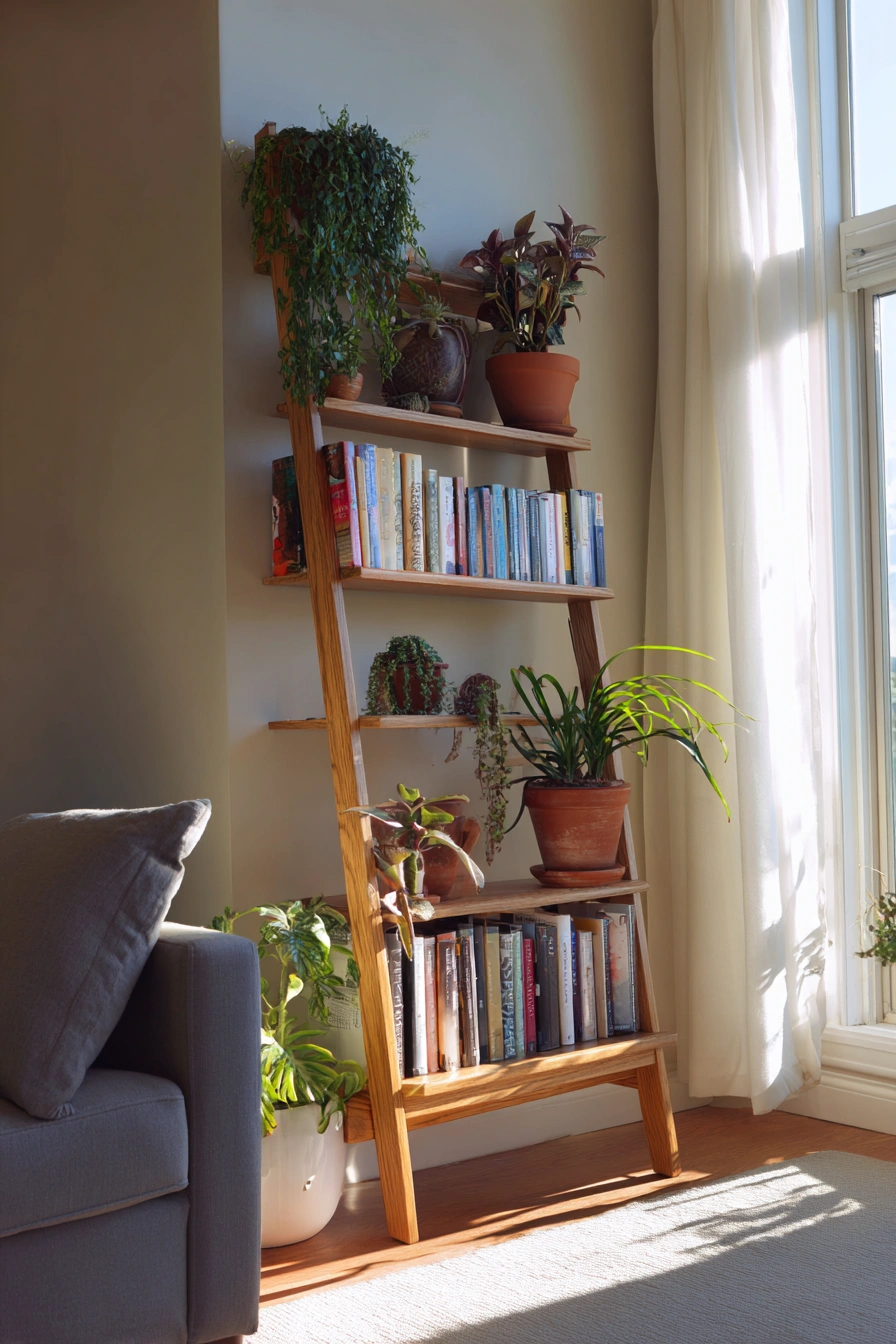 Leaning Ladder Shelf with Natural Vibes
