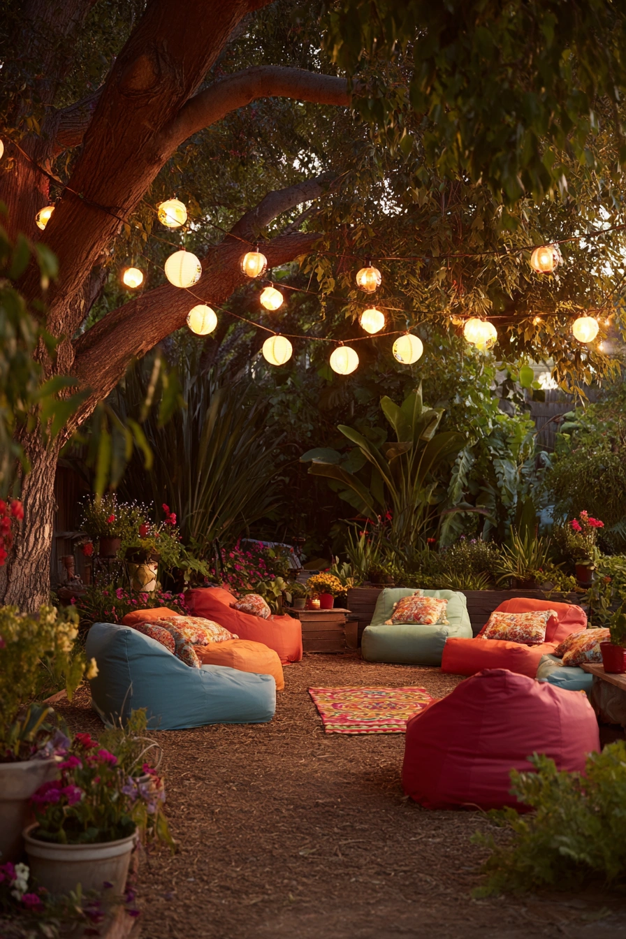 Whimsical Garden Lounge with Boho Bean Bags