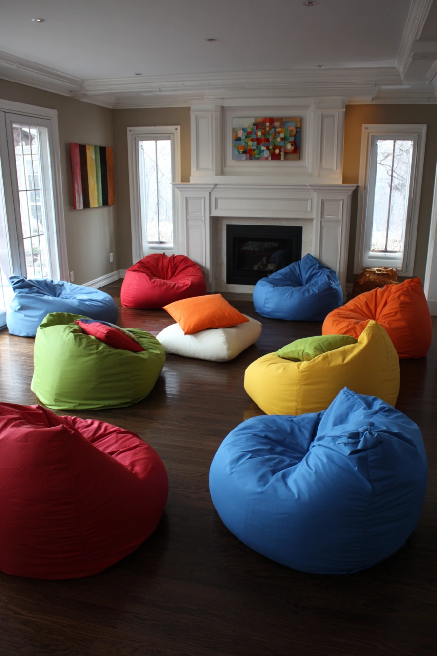 Playful Bean Bag Circle Around the Fireplace