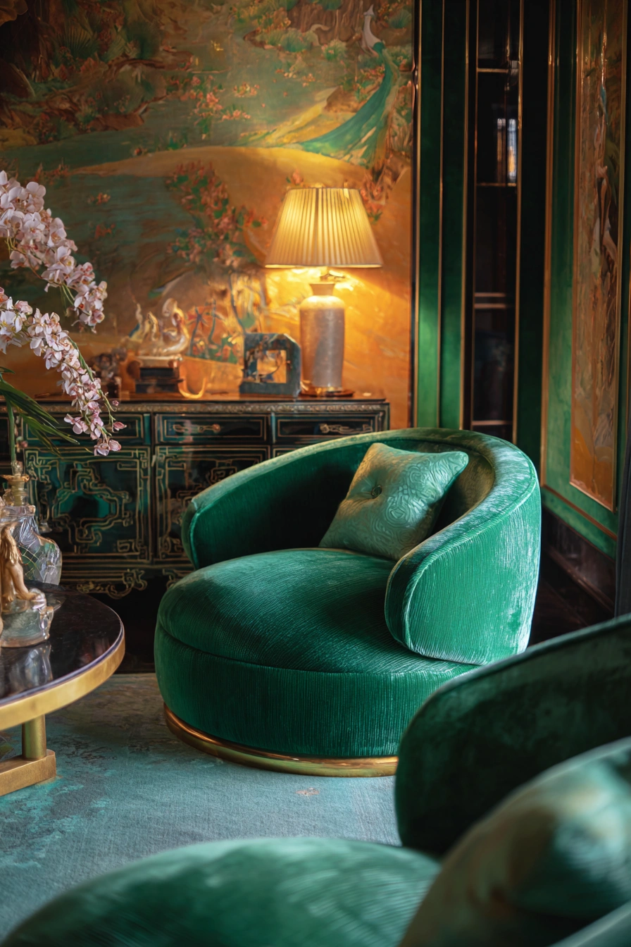 Velvet Glam Lounge with Luxe Green Tones