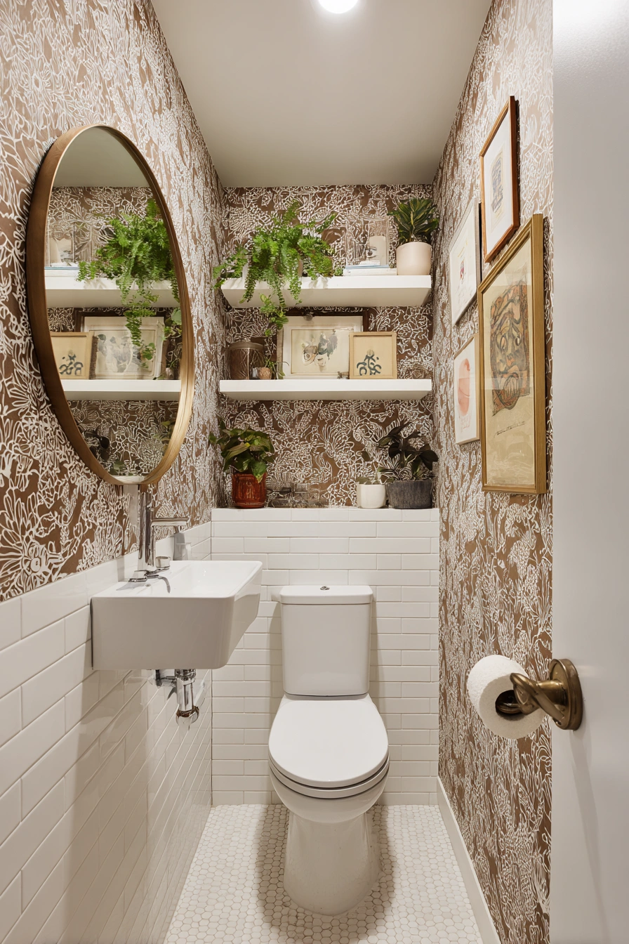 Eclectic Boho Powder Room with Bold Wallpaper