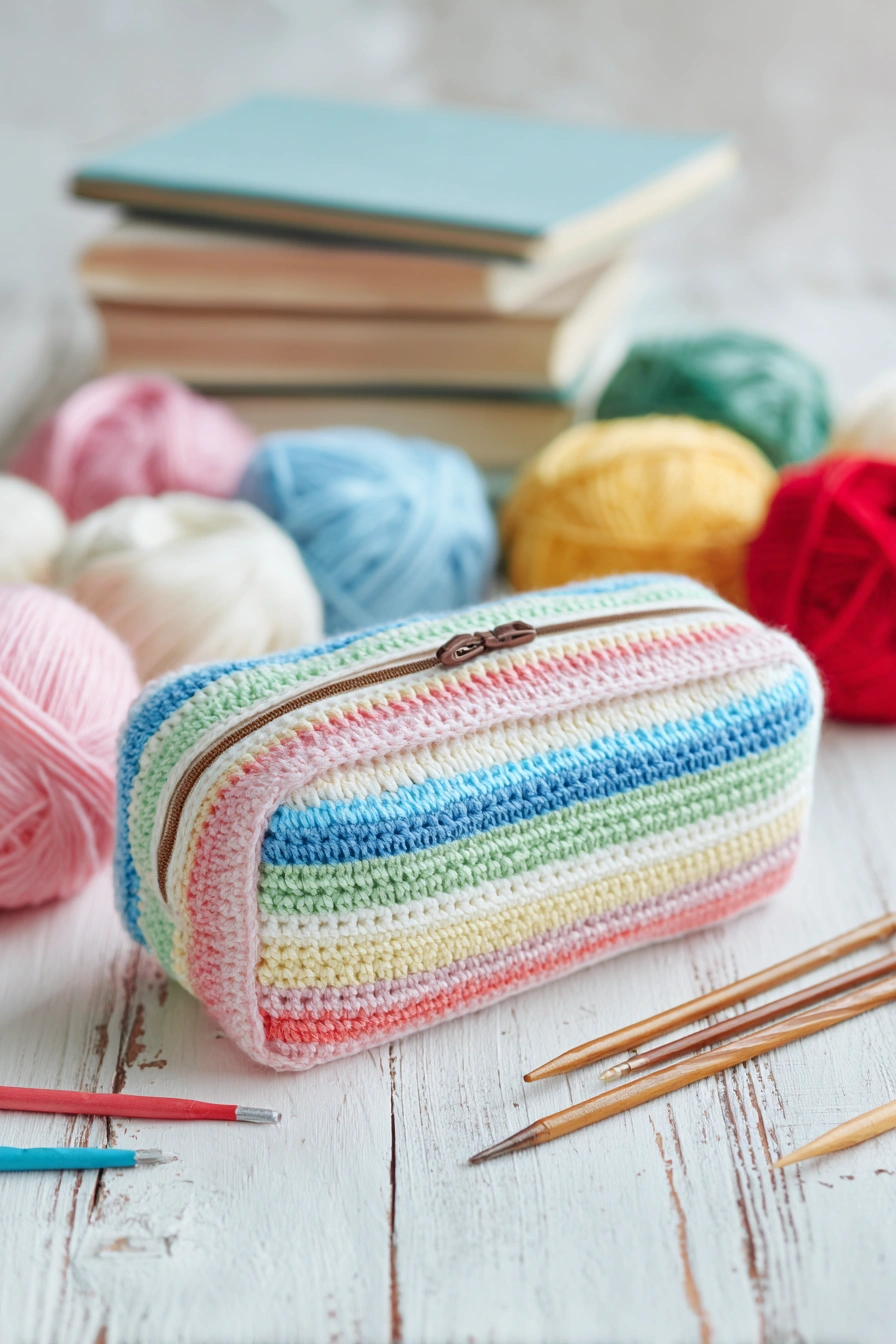 Pastel Striped Crochet Pencil Pouch