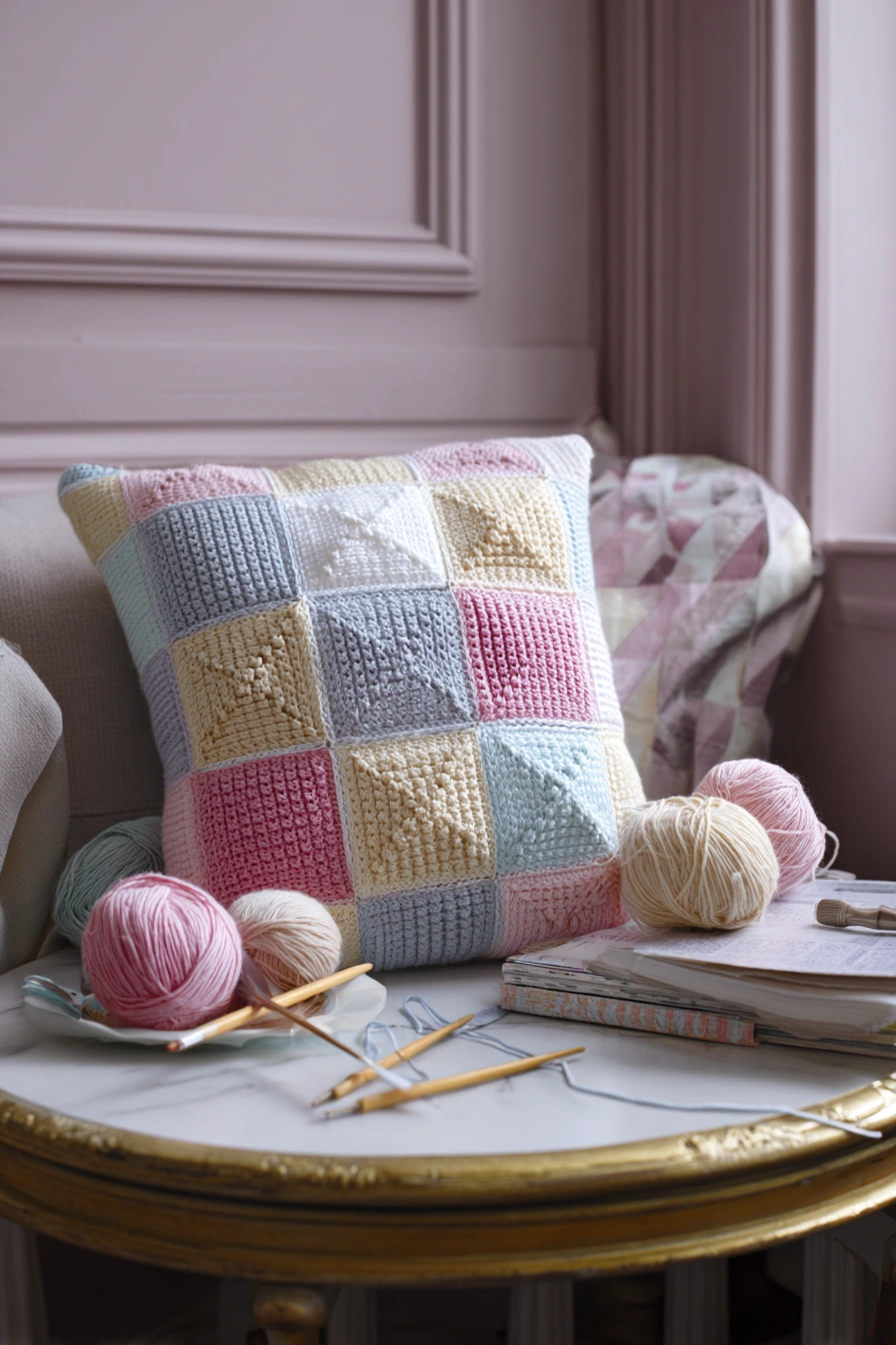 Textured Patchwork Crochet Pillow