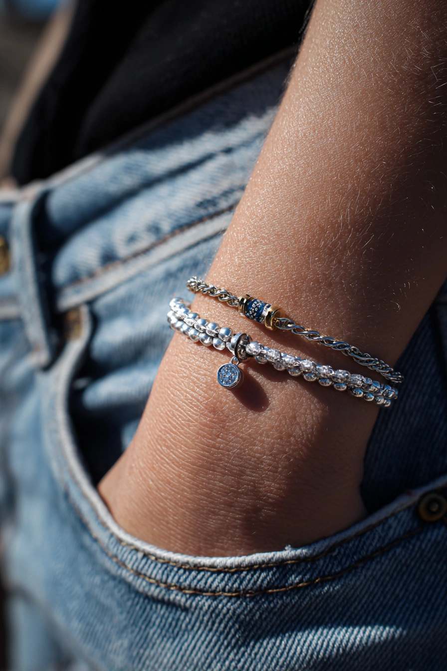 Minimalist Silver Stack with Blue Sparkle