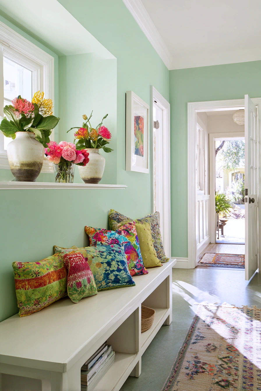 Colorful Hallway Bench with Boho Flair